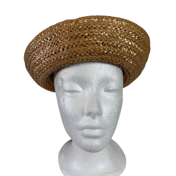 Natural Straw Boater Hat Open Crown VTG 1940s Brown Bow Rolled Brim Tailored - Picture 4 of 9